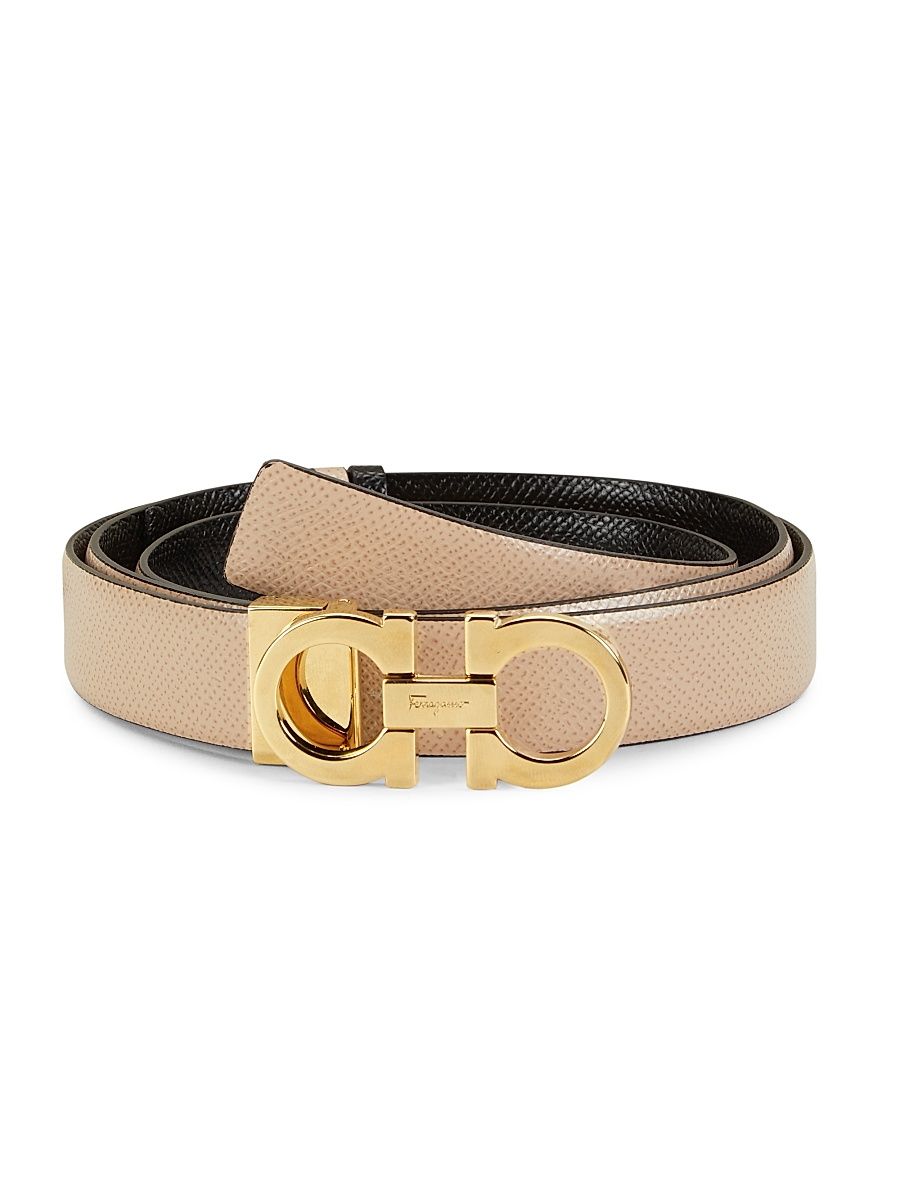 Women's Gancini Adjustable Cut-to-Size Reversible Hammered Leather Belt - Macadamia