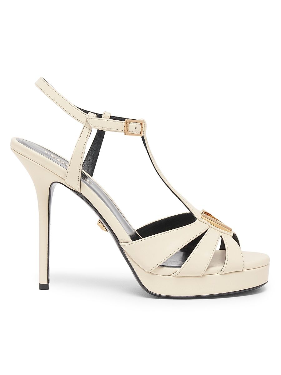 Women's V 120MM Logo Leather Platform Sandals - Ecru Versace Gold - Size 11