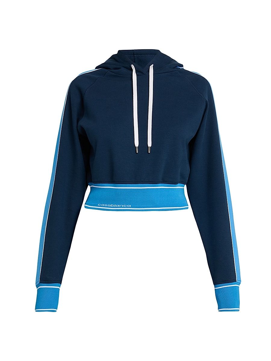 Women's Striped Stretch-Cotton Hooded Sweatshirt - Navy - Size XL