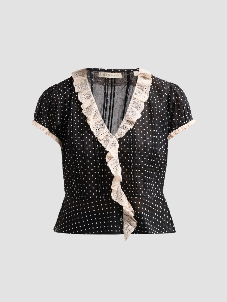 DÔEN Women's Orella Polka Dot Ruffled Lace-Trimmed Top - Noir Dot - Size XXS
