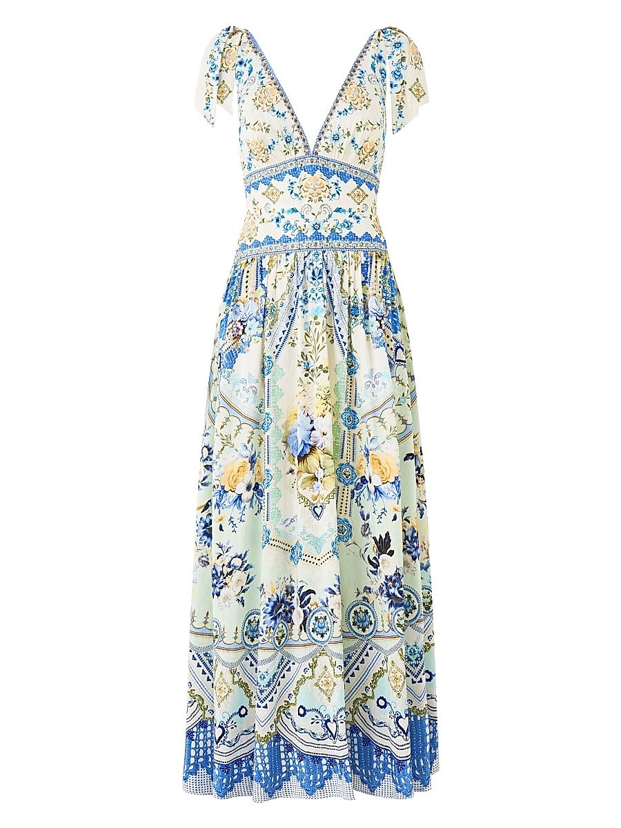 Women's Shoulder-Tie Linen-Silk Maxi Dress - My Homespun Heart - Size Small