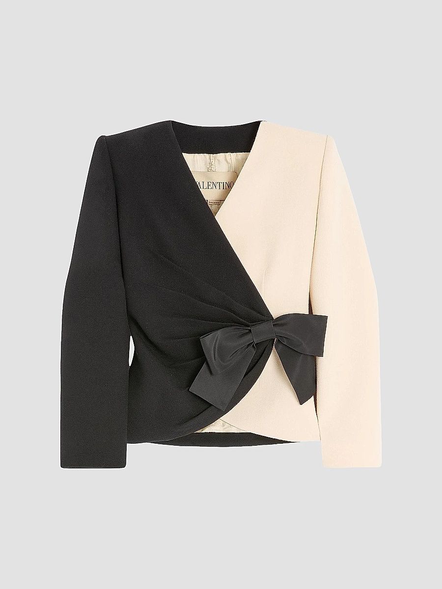 Valentino Women's Wool Crepe Jacket with Contrasting Bow - Black Birch - Size 2