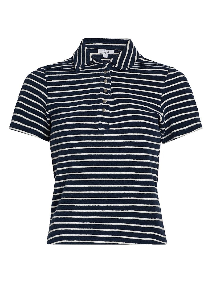 Women's Naveli Striped Cotton Polo Shirt - Navy Ivory Stripe - Size Large