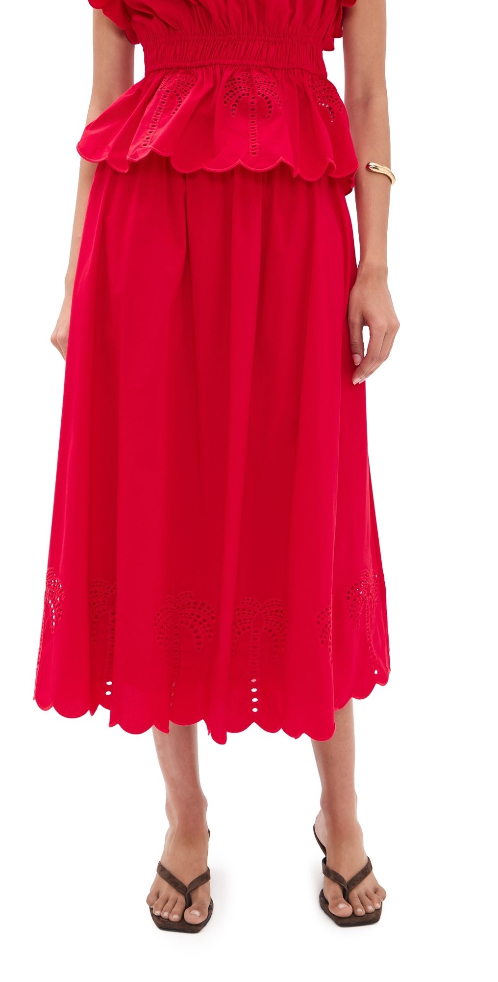 English Factory Embroidered High Waist Midi Skirt Red XS