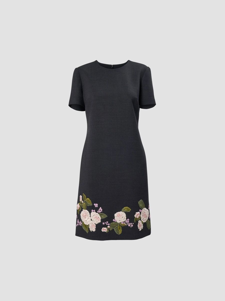 Carolina Herrera Women's Chalet Floral-Embroidered Short-Sleeve Mini Dress - Charcoal Grey - Size 16