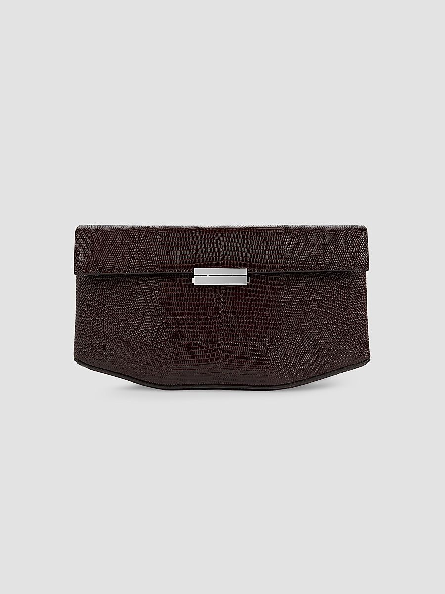 Women's Clip Lizard-Embossed Leather Shoulder Bag - Brown