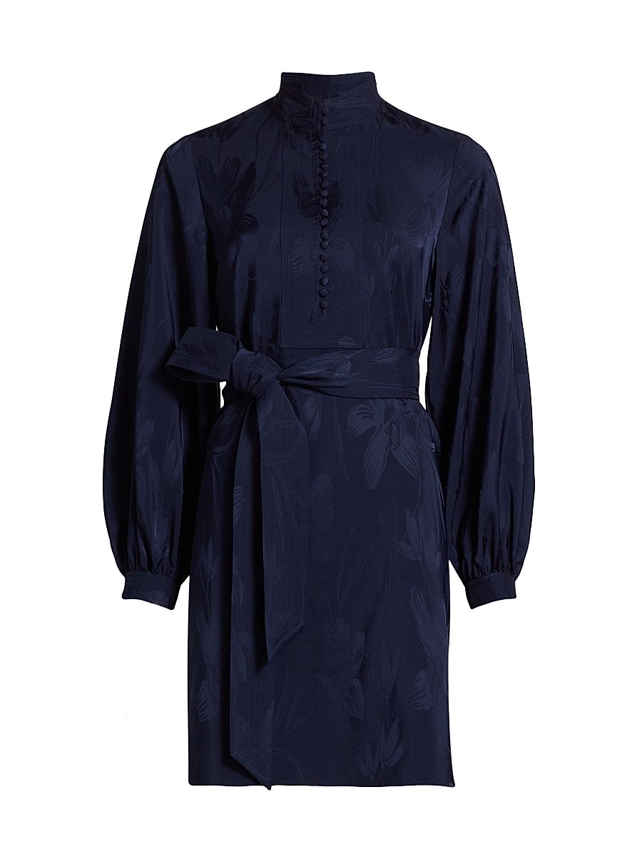 Women's Izzie Floral Jacquard Tie-Waist Minidress - True Navy - Size Large