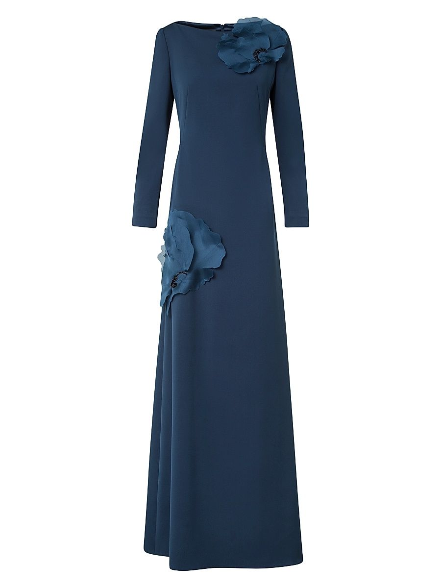 Women's Crepe Appliqué Silk Gown - Navy Blue - Size 12