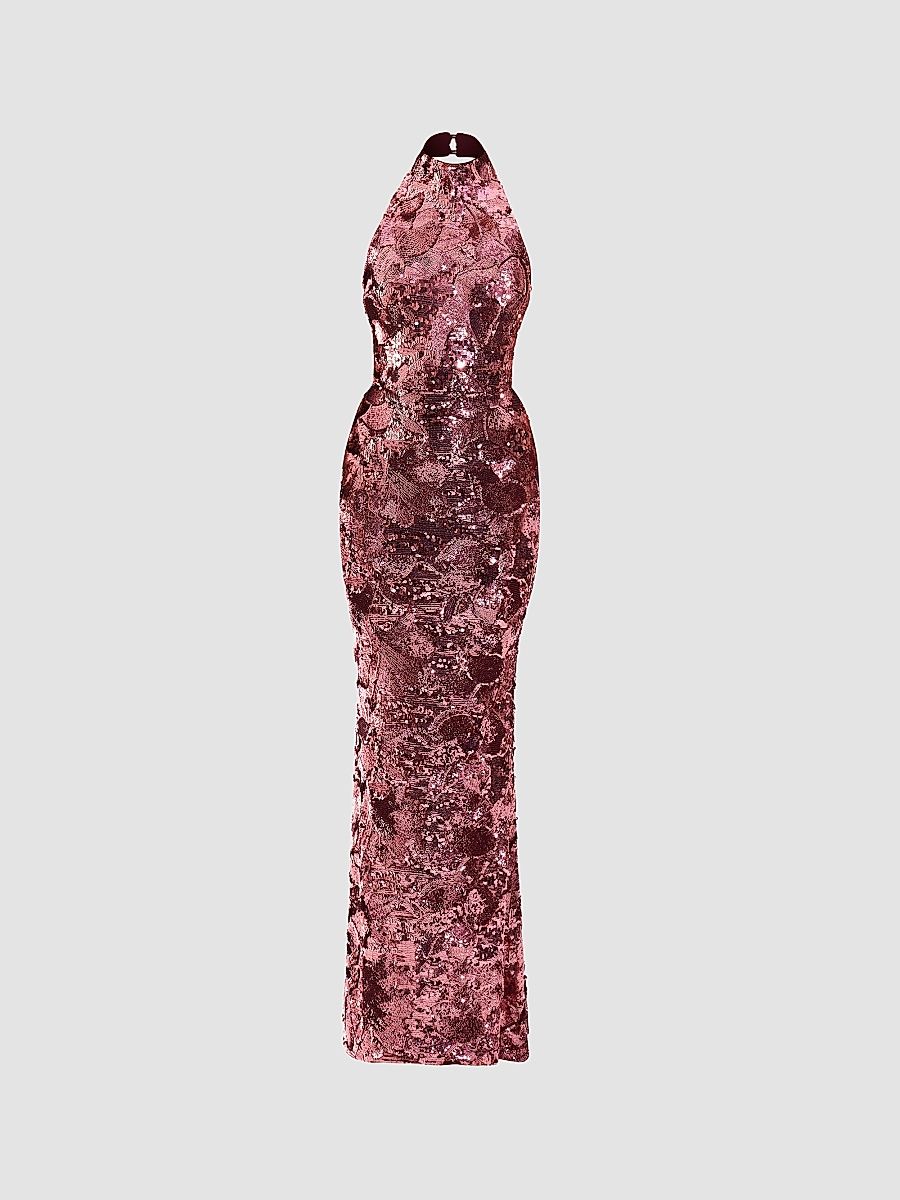 Women's No More Songs Sequined Halter Column Gown - Mauve - Size 10