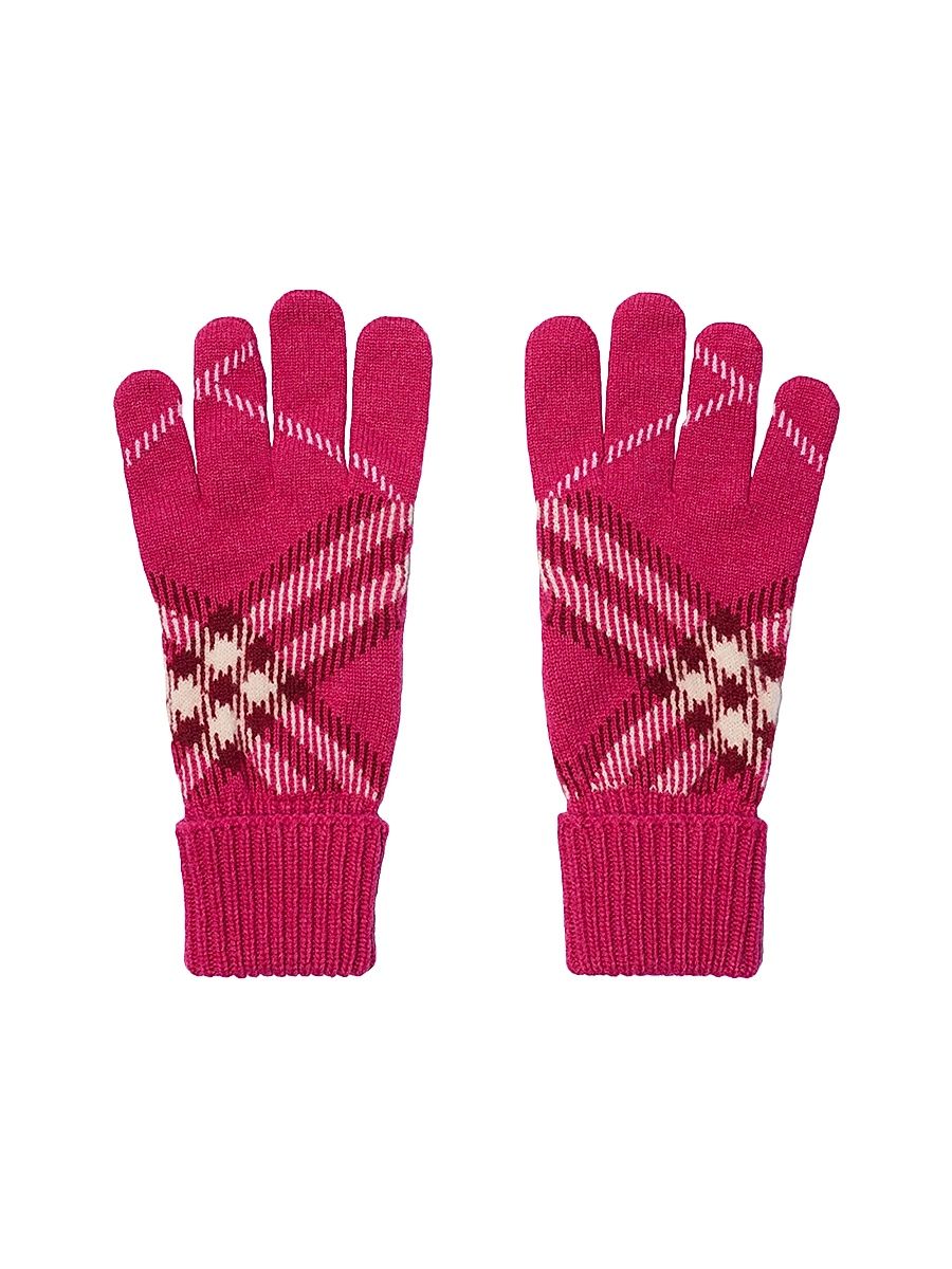 Women's Cashmere-Blend Check Gloves - Jam Pink - Size Medium