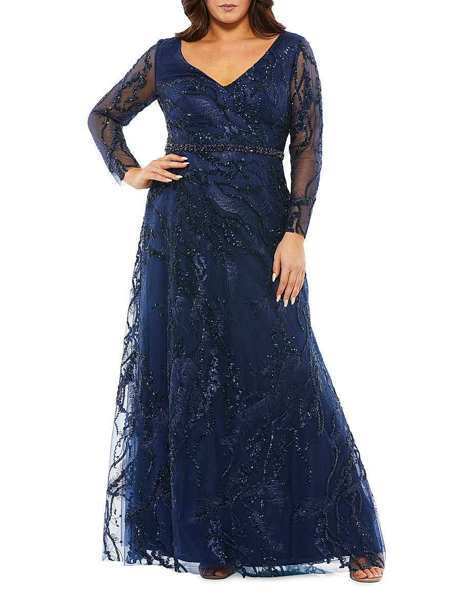 Women's Plus Size Beaded Feather A-Line Gown - Midnight - Size 20