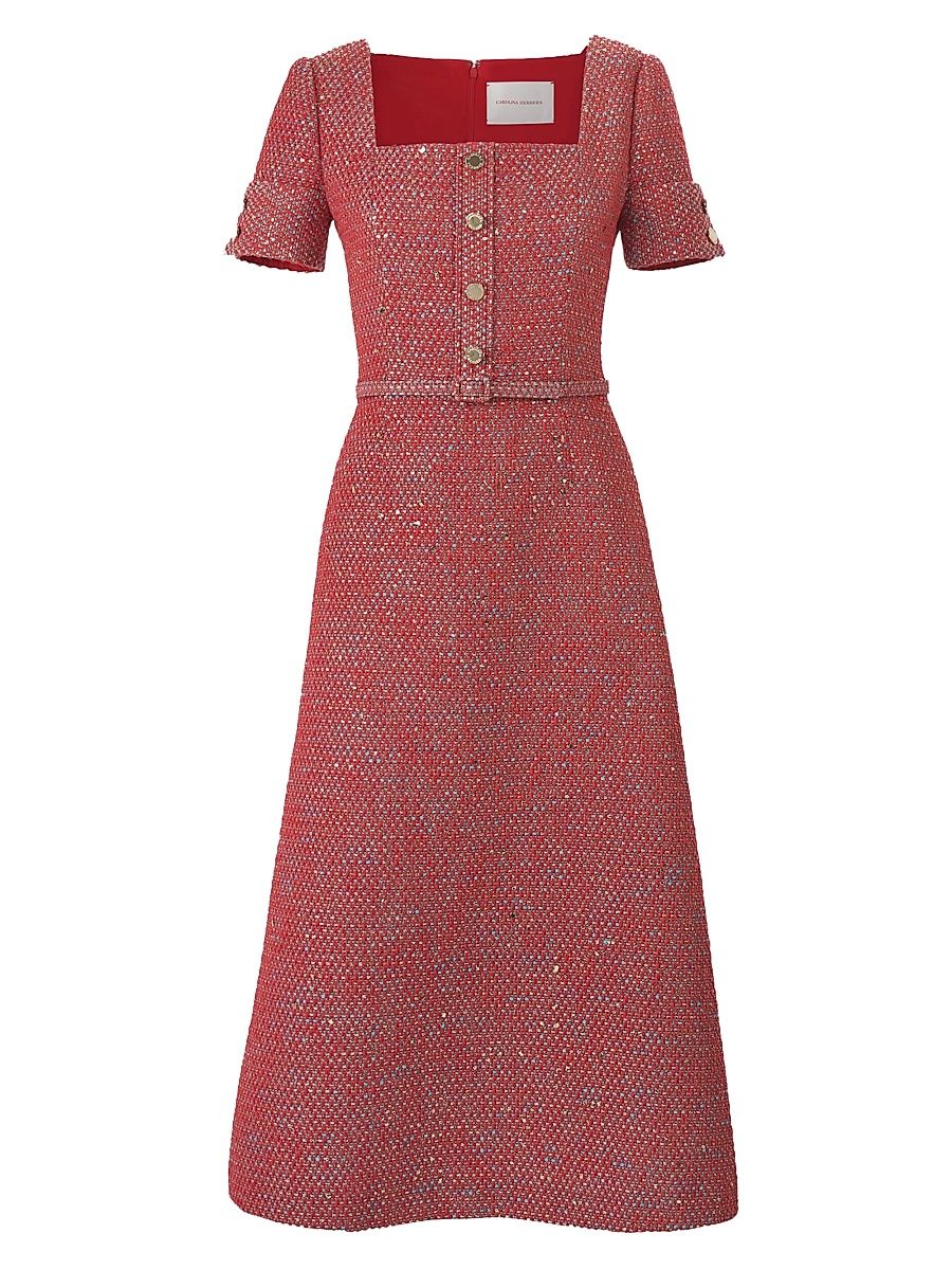 Women's Square Neck Belted A-Line Midi-Dress - Herrera Red Multi - Size 12