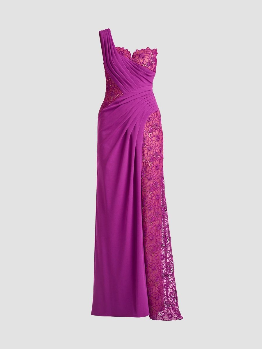 Tadashi Shoji Women's Calandra Embroidered Pleated One-Shoulder Gown - Magenta Beige - Size 16