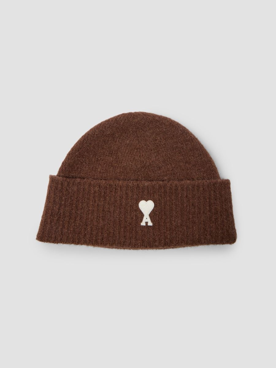AMI Paris Men's Logo Alpaca-Blend Knit Beanie Hat - Chocolate Brown Off White