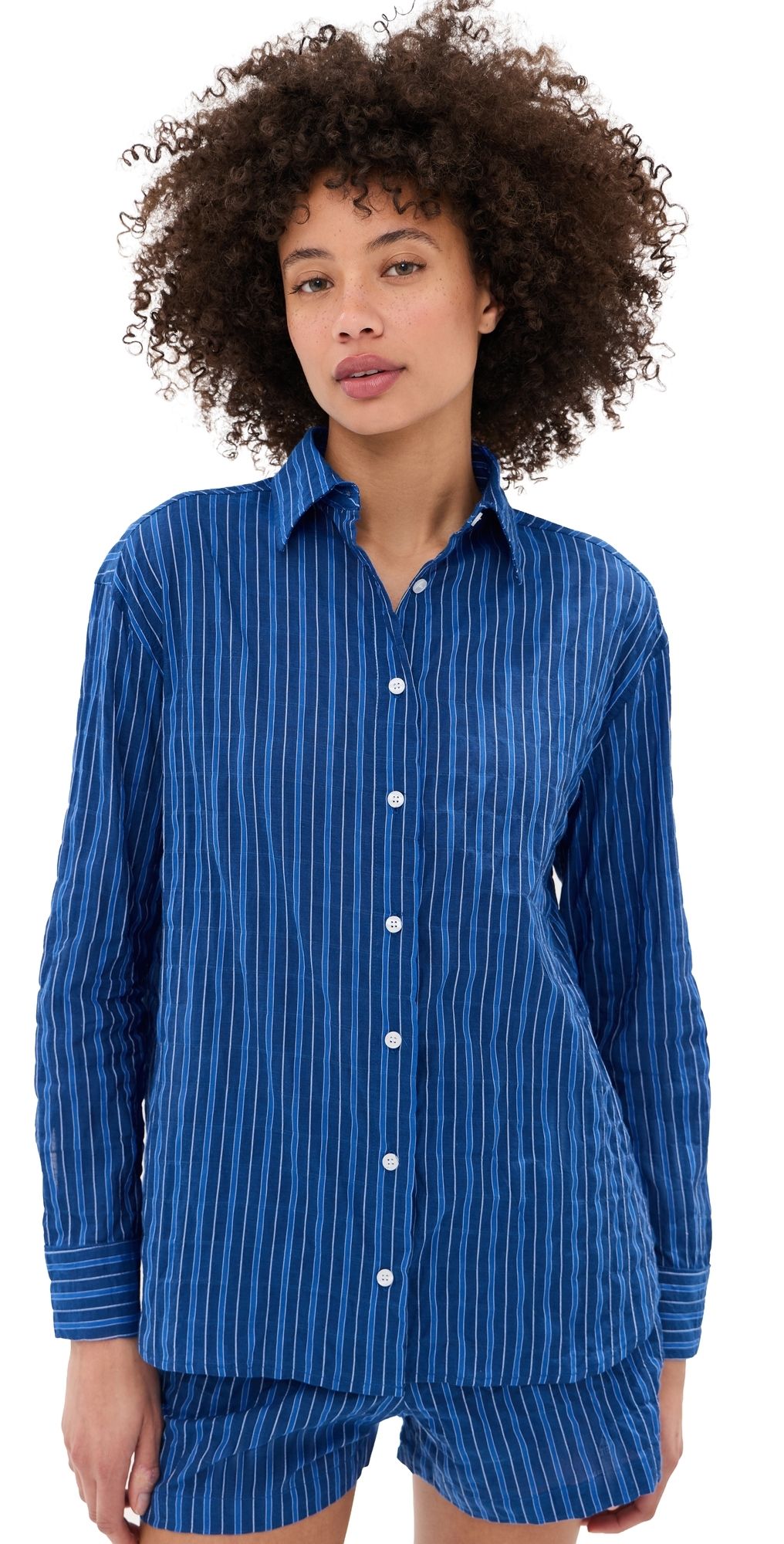 LE BOP Kali Tie Back Button Down Blue Stripe XXL