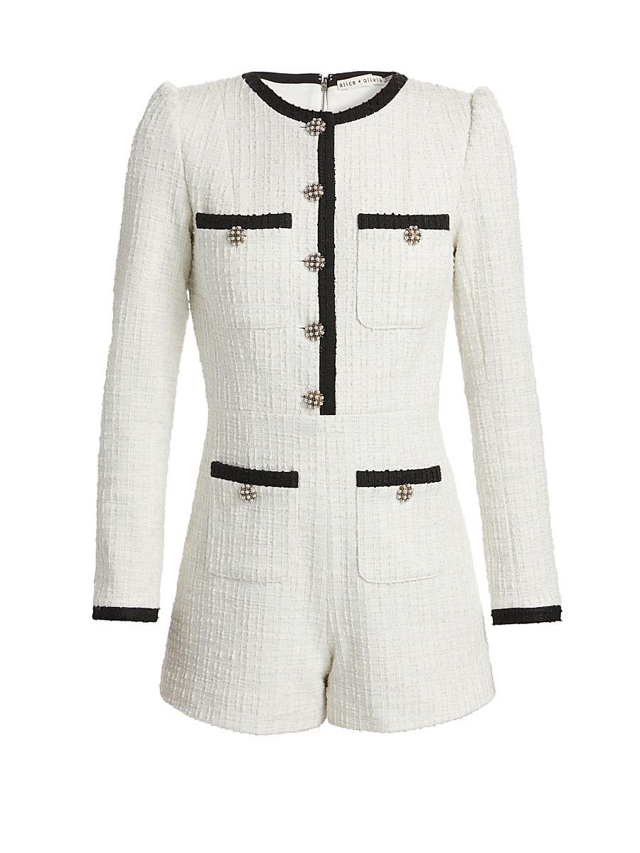 Women's Shiloh Tweed Long-Sleeve Romper - Off White Black - Size 2