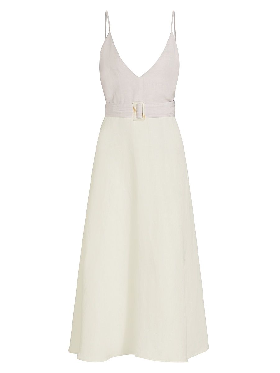 Women's V-Neck Belted Midi-Dress - Lavender White Viscose Linen - Size XL