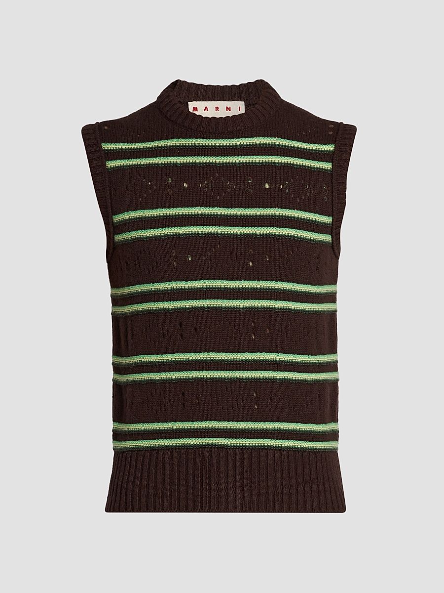 Men's Striped Pointelle-Knit Cotton Sweater Vest - Brown - Size 42