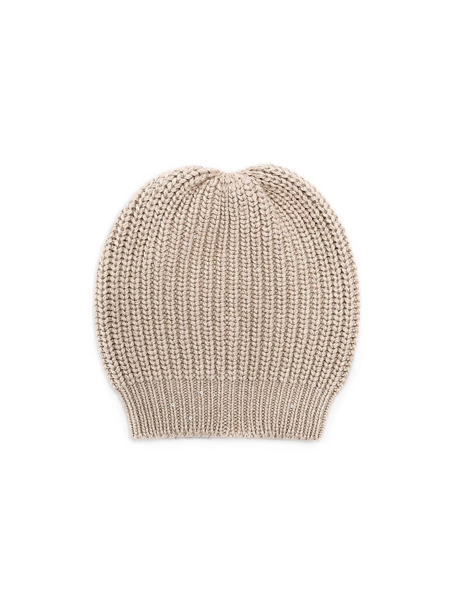 Women's Cashmere and Silk Diamond Yarn Knit Beanie - Beige - Size XS