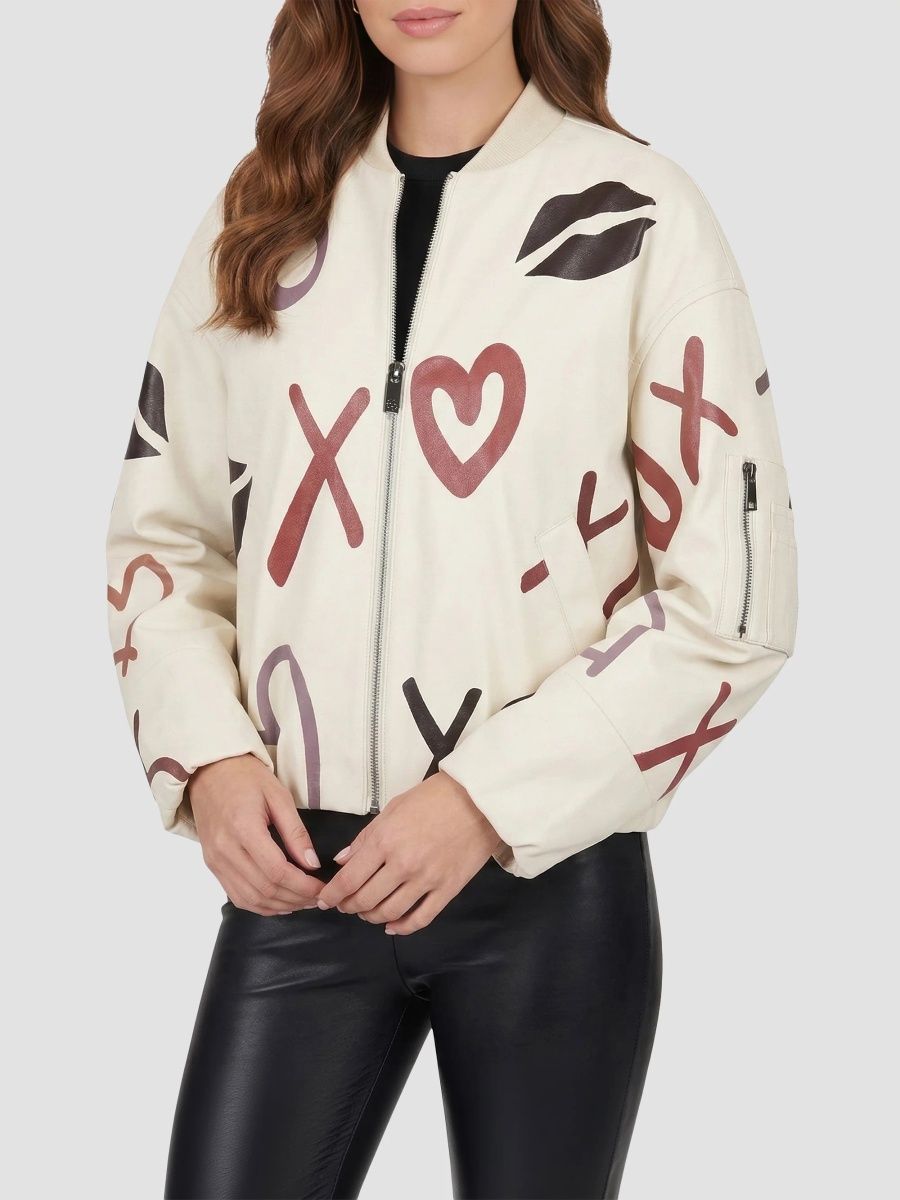 Gorski Women's Leather Bomber Zip Jacket - White Xo Multi - Size Medium