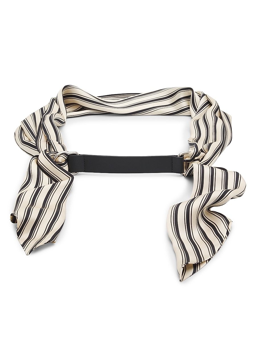Women's Michele Striped Silk Scarf Belt - Black Stripe - Size Large