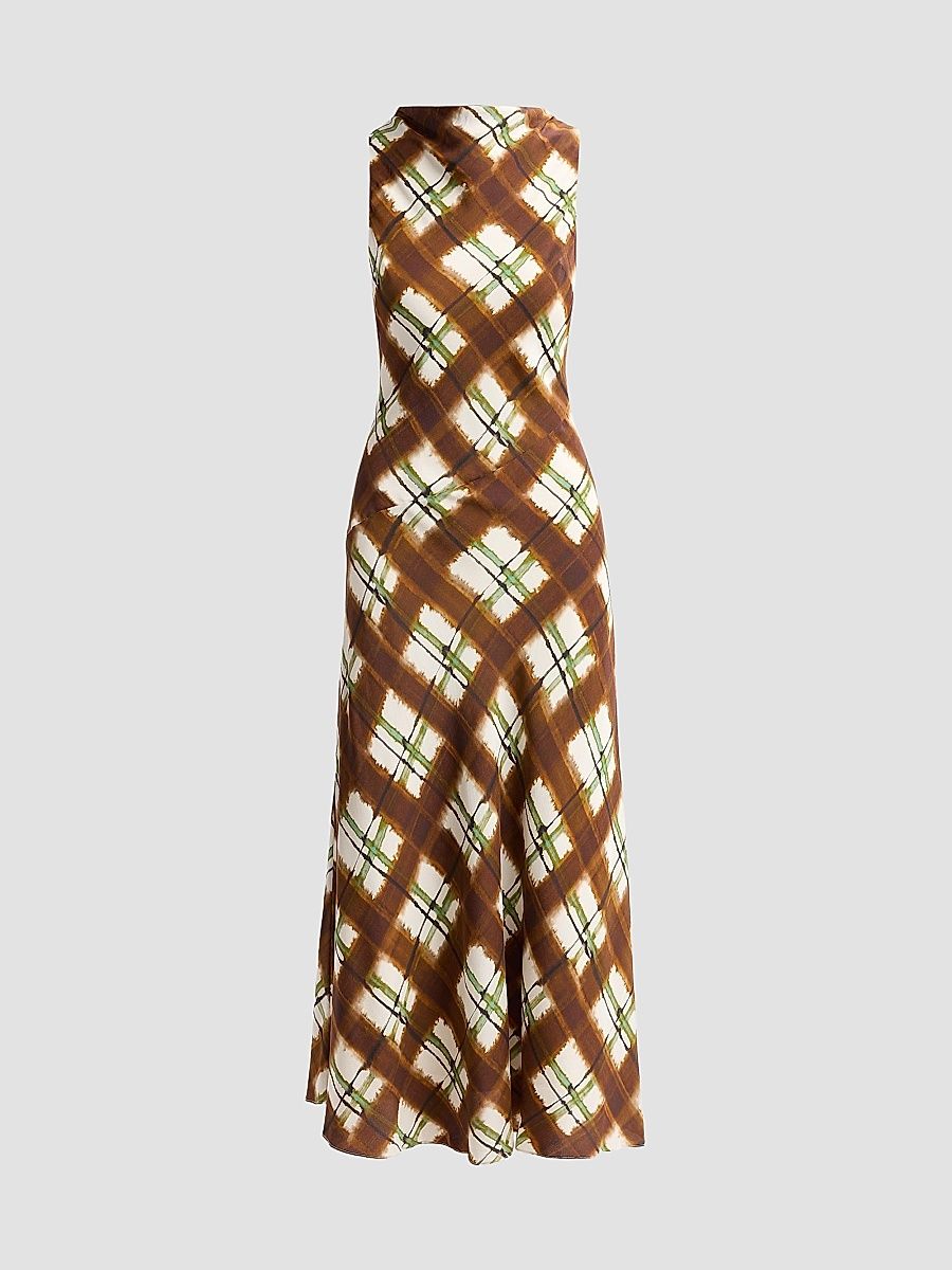 Women's Crystal Plaid Silk Midi Dress - Painted Plaid Brown - Size 14