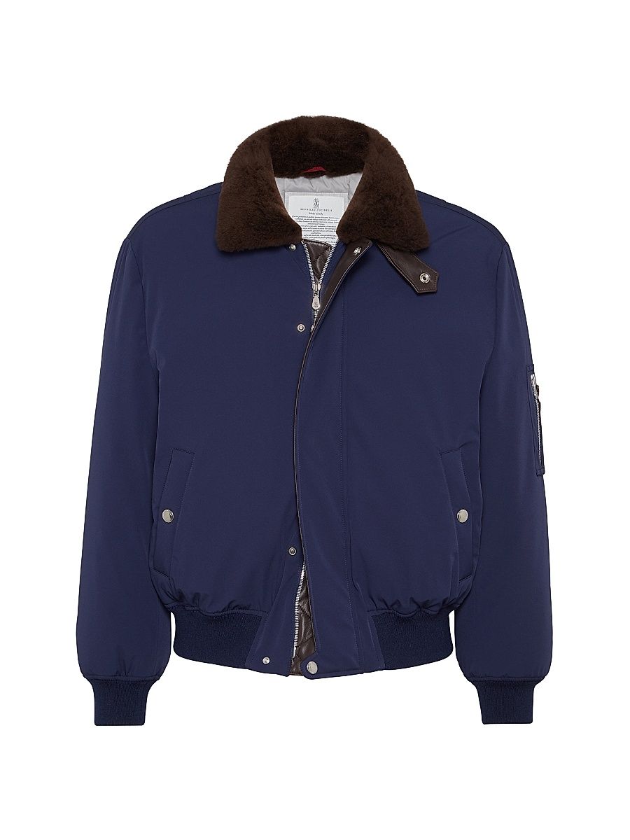 Men's Stretch Bonded Nylon Down Jacket with Shearling Lined Collar - Indigo - Size Medium