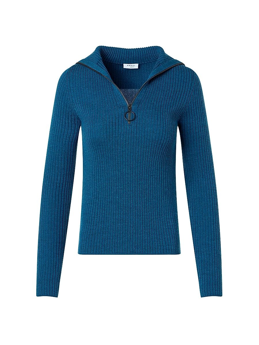 Women's Merino Wool Rib-Knit Half-Zip Sweater - Teal - Size 16