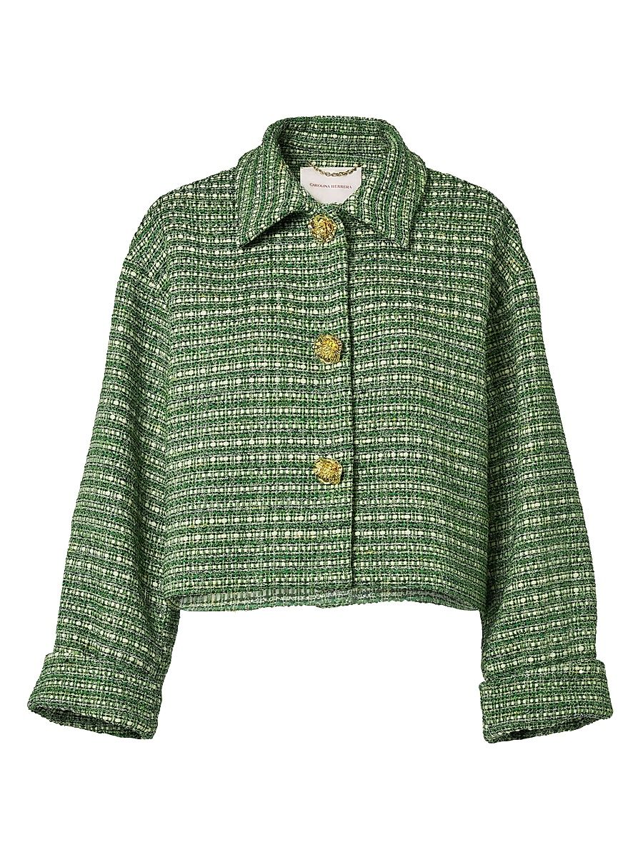 Women's Boxy Cotton-Blend Crop Jacket - Green Multi - Size 12
