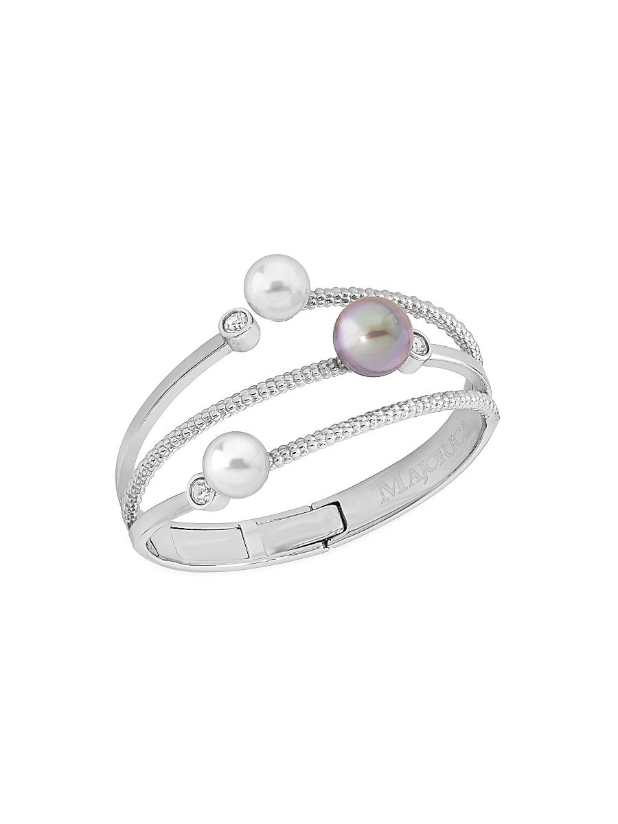 Women's Planet Rhodium-Plated Silver, Cubic Zirconia, White & Gray Pearl Bangle - Pearl