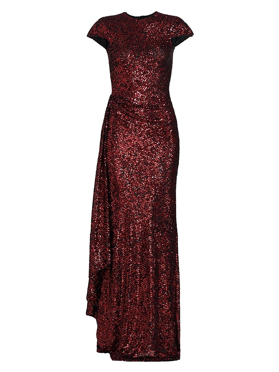 Women's Sequined Draped Cap-Sleeve Gown - Red - Size 2