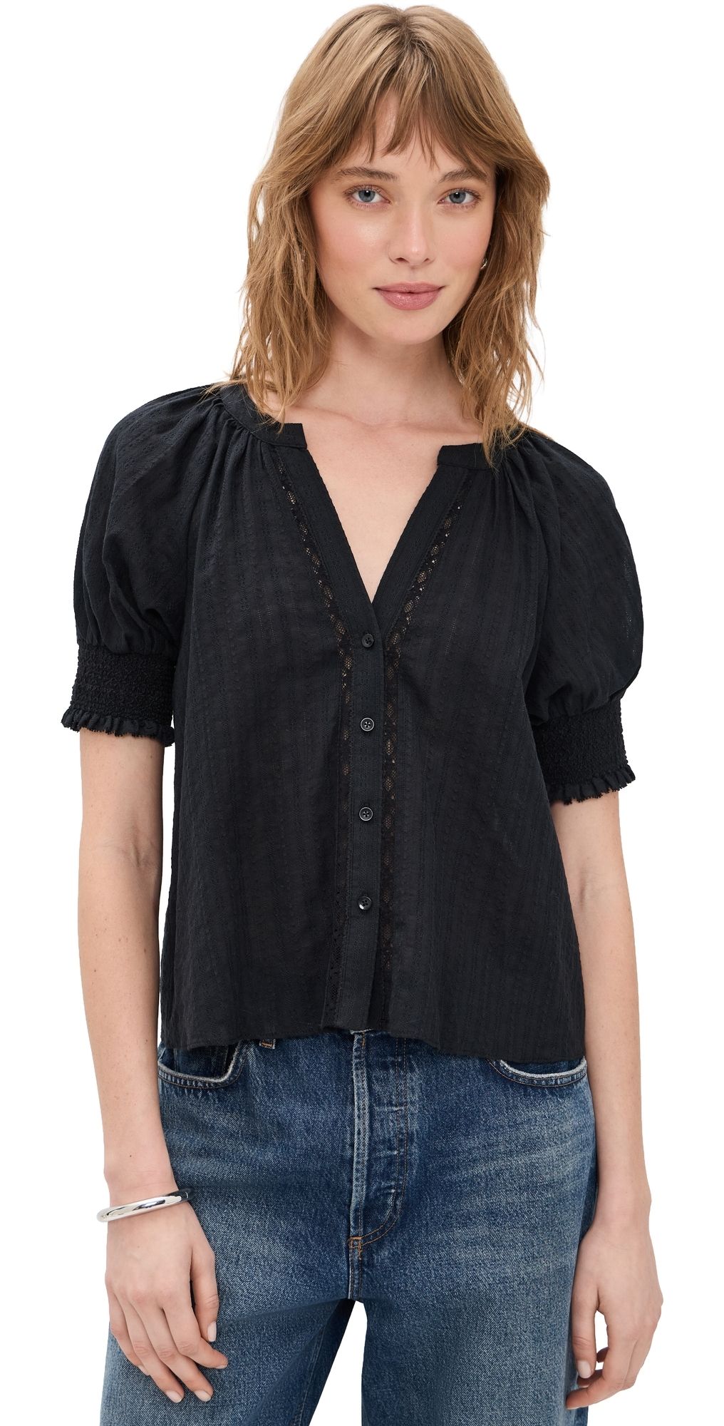 ALICE + OLIVIA Thalia Puff Button Down Blouse Black XS