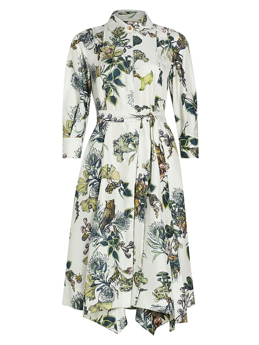 Women's Forest Floral Silk Belted Shirtdress - Chalk Multi - Size 2