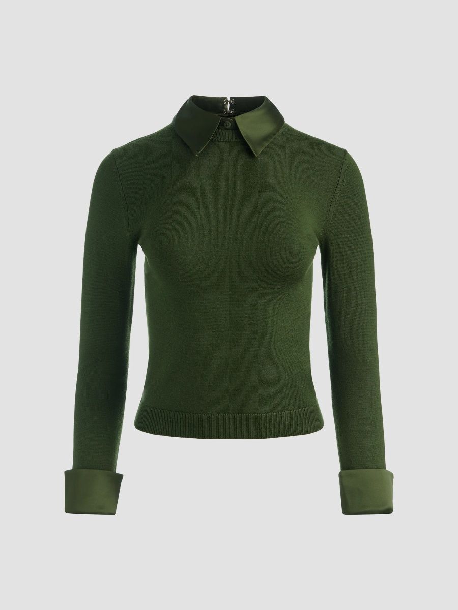 ALICE + OLIVIA Women's Porla Wool-Blend Spread-Collar Sweater - Dark Fern - Size XL