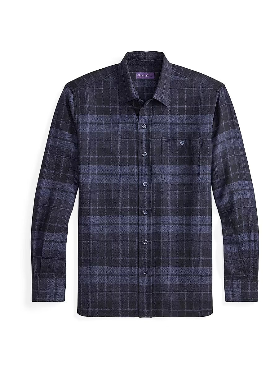 Men's Plaid Cotton Flannel Button-Front Shirt - Dark French Blue Melange - Size Medium