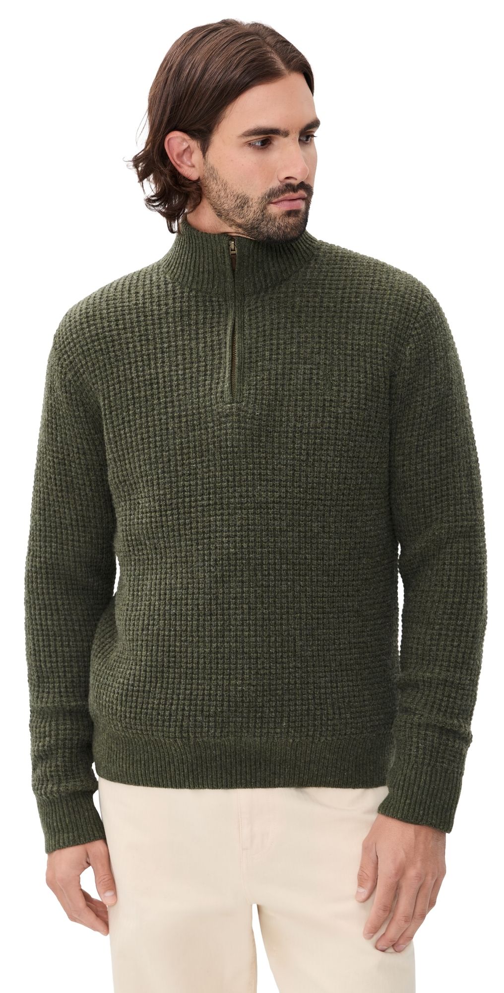 Polo Ralph Lauren Waffle Knit Quarter Zip Sweater Olive Shrub Heather L