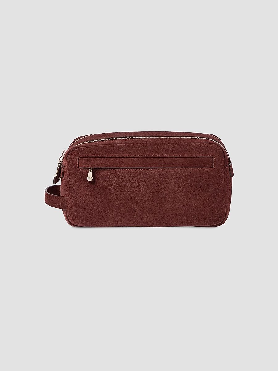 Men's Suede Beauty Case with Double Zipper - Burgundy
