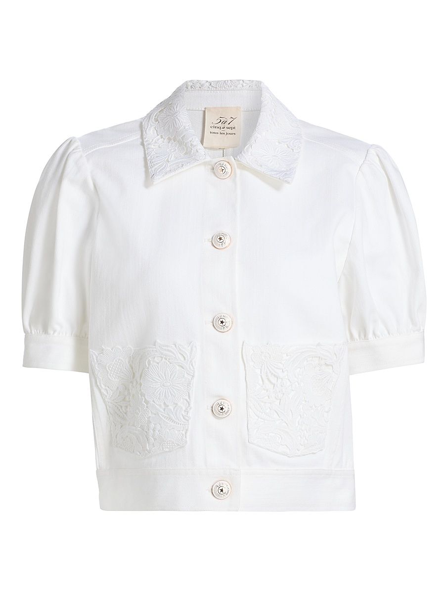 Women's Ivana Denim Lace Trim Short-Sleeve Jacket - White - Size XS