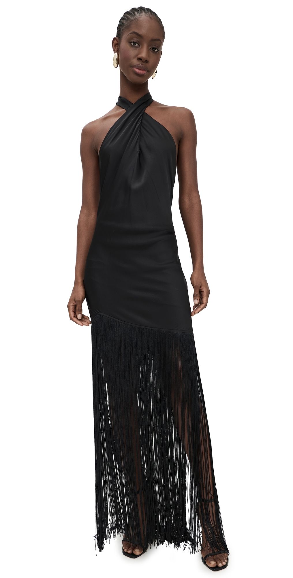 Show Me Your Mumu Jasmine Fringe Maxi Dress Black Luxe Satin S