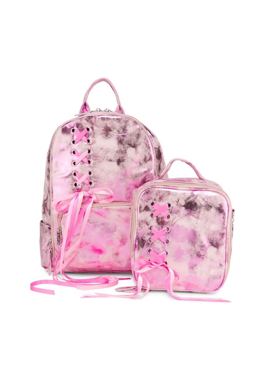 Girl's Shimmer Tie-Dye Lace-Up Backpack & Lunchbox Set - Pink