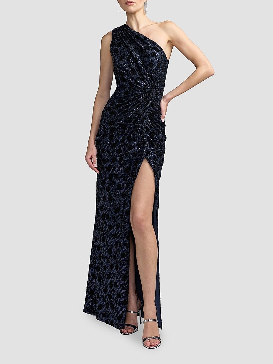 Women's Floral Sequin One-Shoulder Column Gown - Midnight - Size 14