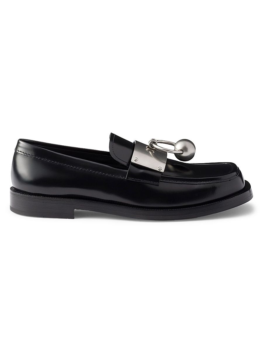 Men's Brushed Leather Loafers with Metal Ring - Black - Size 10