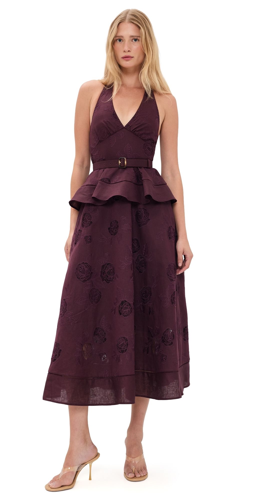 Self Portrait Plum Linen Peplum Midi Dress Burgundy 2