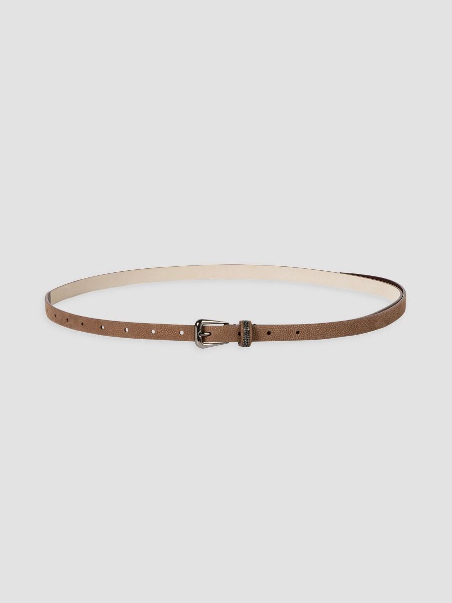 Brunello Cucinelli Women's Sparkling Textured Leather Belt with Shiny Loop - Hazelnut - Size Medium