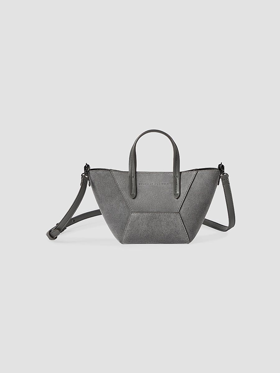 Women's Duo Mini Top Handle Bag in Suede with Monili - Stone Grey