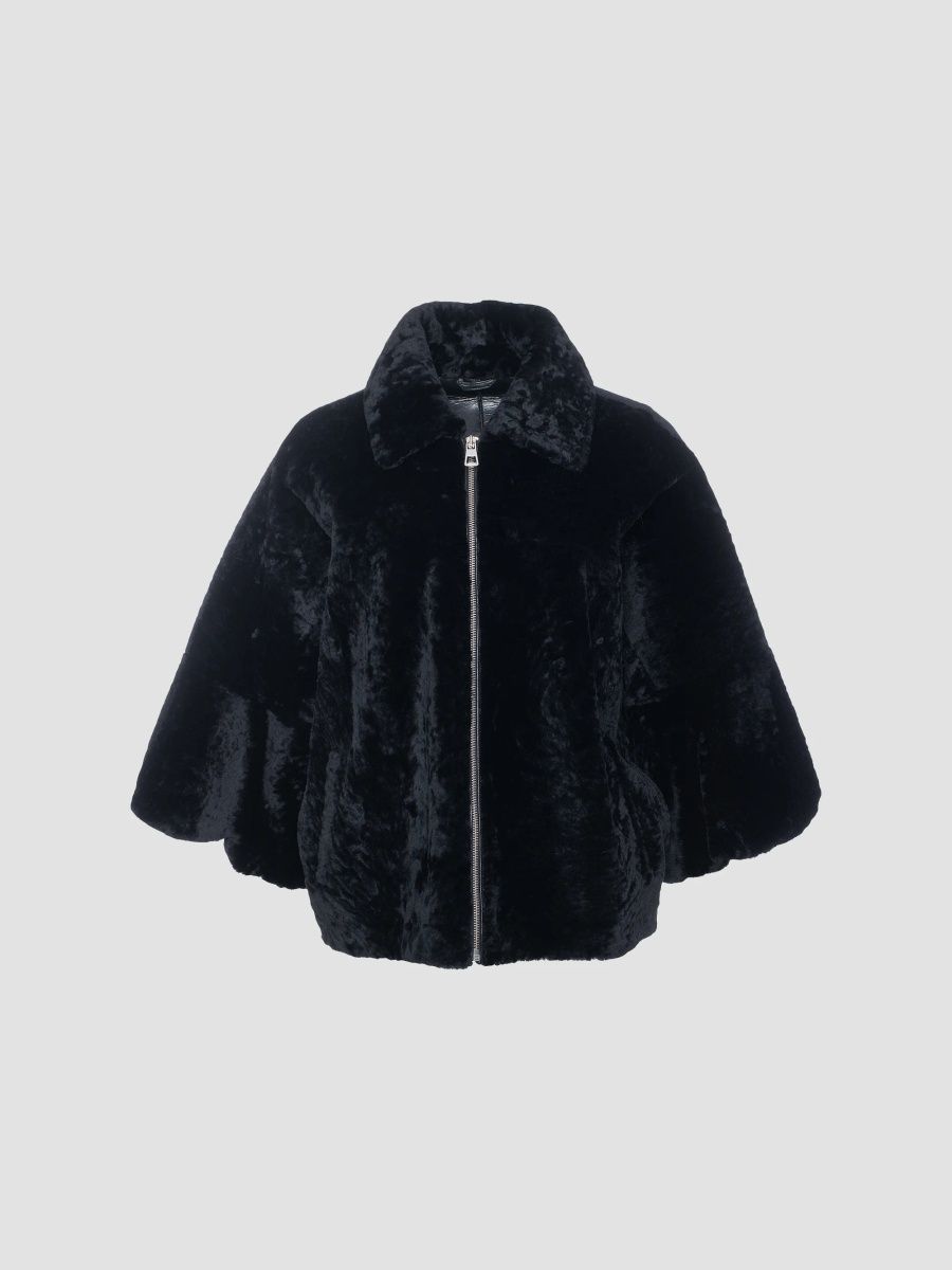 Gorski Women's Textured Shearling Lamb Zip Coat with Cropped Sleeves - Black - Size Large