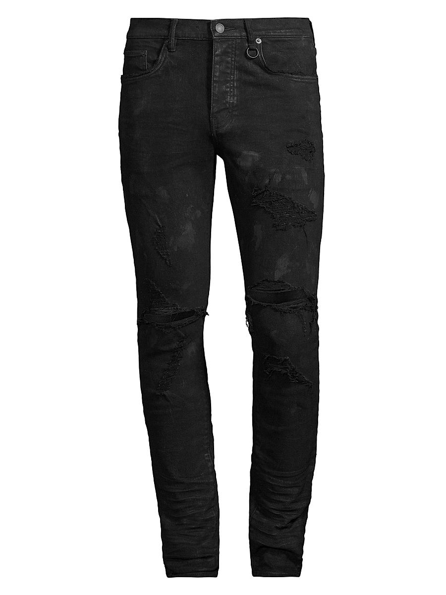 Men's Stretch Destroyed Slim-Fit Jeans - Black Oil Spill - Size 38