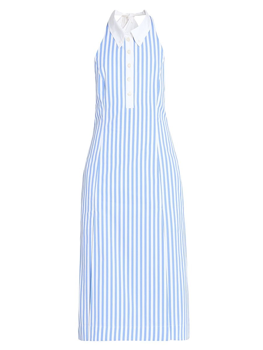 Women's Striped Cotton Poplin Knee-Length Shirtdress - Medium Blue - Size 8