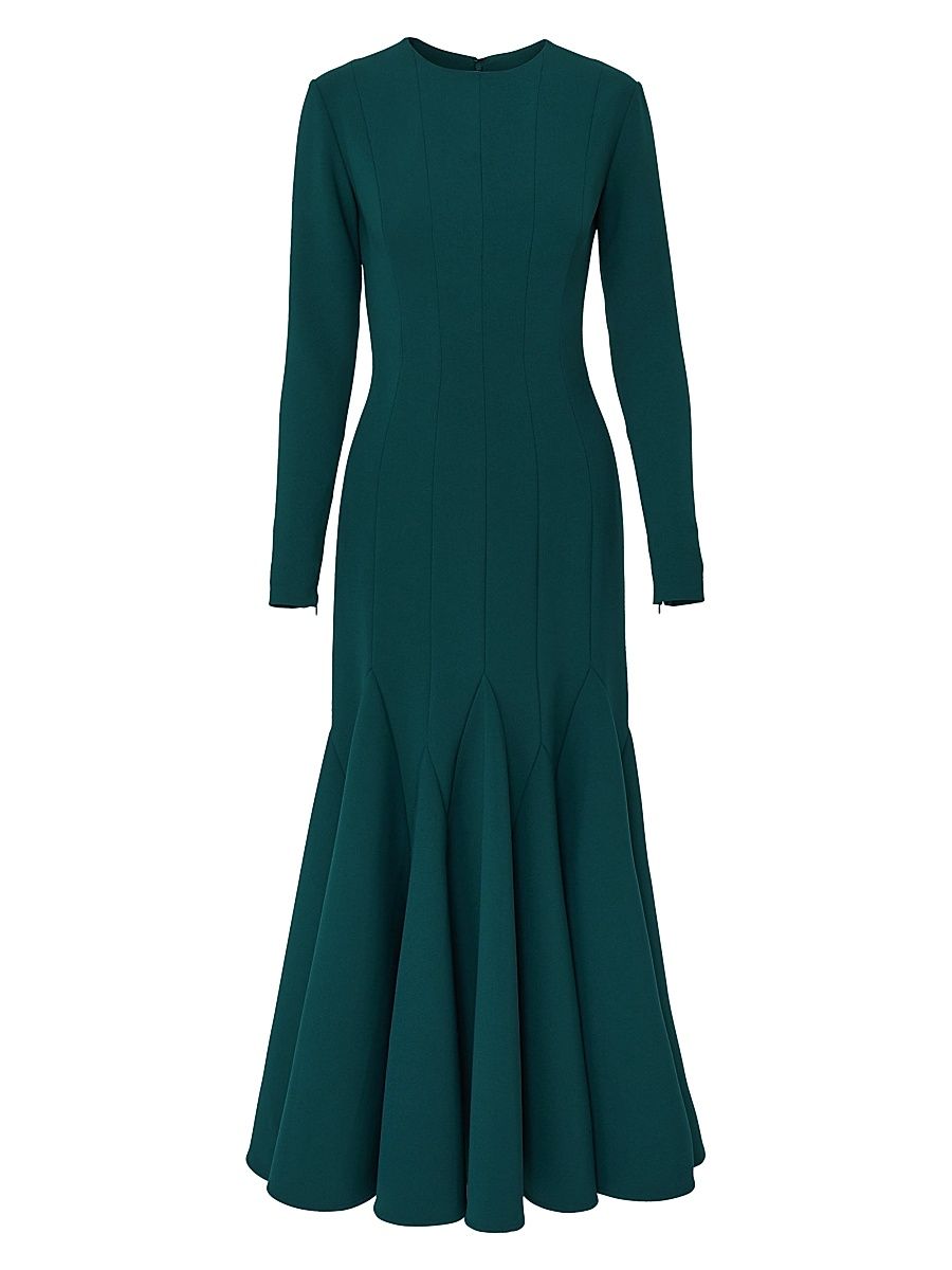 Women's Crewneck Long-Sleeve Trumpet Midi-Dress - Pine Green - Size 8