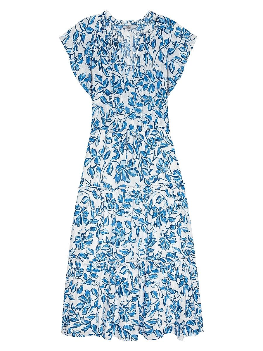 Women's Juni Leaf-Print Linen-Blend Midi-Dress - Azure Jasmine - Size XL